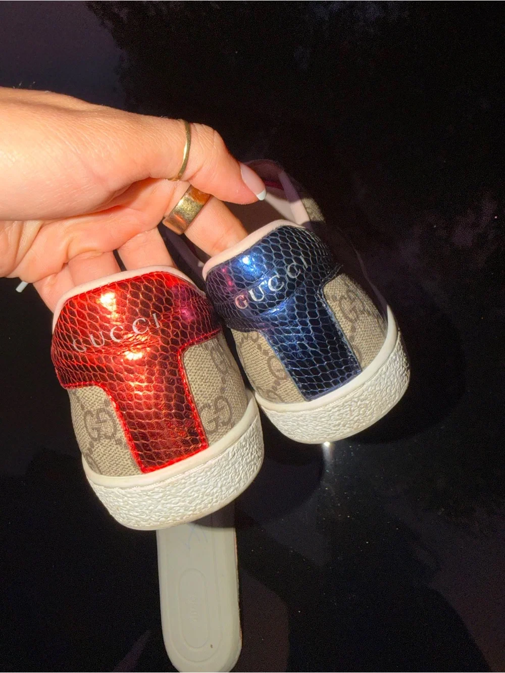 Gucci Beige GG Supreme Sneakers with Red & Blue Web Stripe